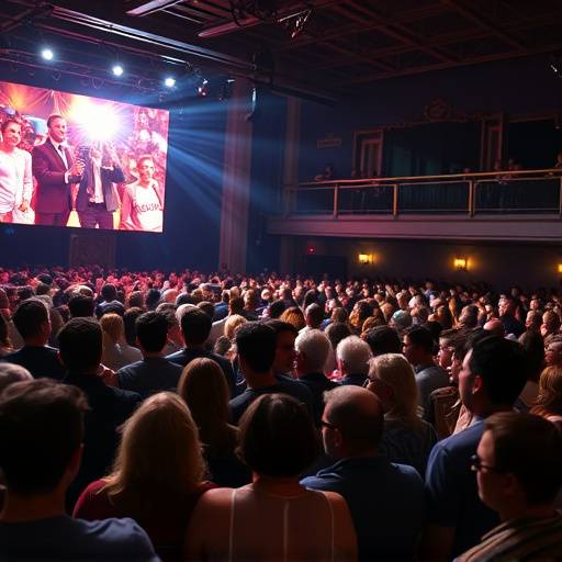 Een drukbezochte opening van een theaterfestival met publiek en artiesten.