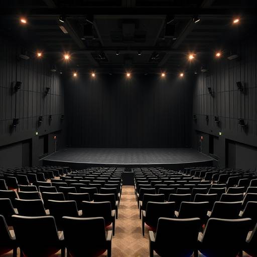 Een foto van de professionele black box theaterzaal met flexibele opstelling en podiumverlichting.