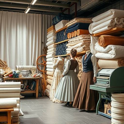 Een foto van het kostuum- en decoratelier met stofrollen, naaimachines en rekwisieten opgestapeld.