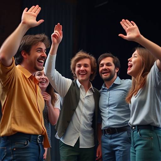 Een groep acteurs in karakter viert een succesvolle try-out.