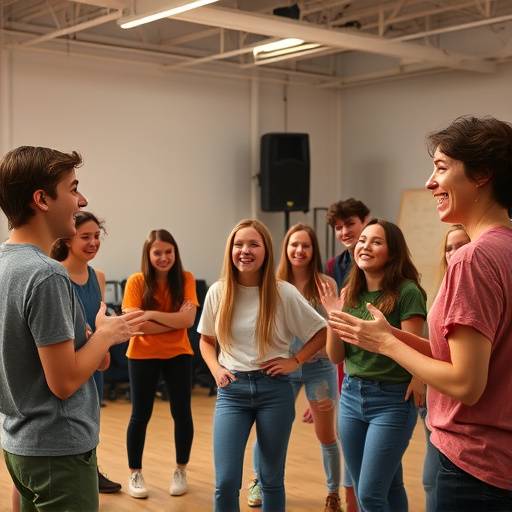 Een groep studenten die lachend een toneelstuk repeteren in een studio.