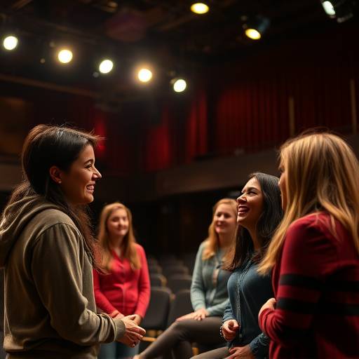Een groep studenten oefent op een podium met theaterlichten, lachend en geconcentreerd.