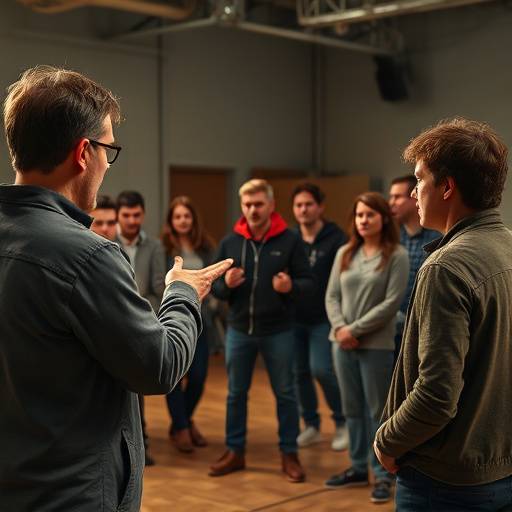 Een regisseur geeft aanwijzingen aan een groep acteurs tijdens een repetitie.