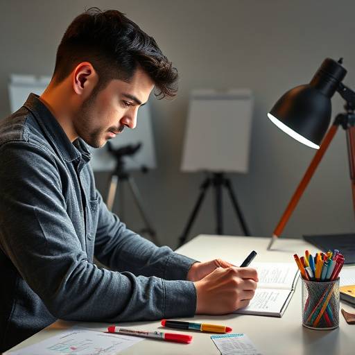 Een studio medewerker laat een student een theatertekst analyseren met behulp van markeerstiften op een bureau.