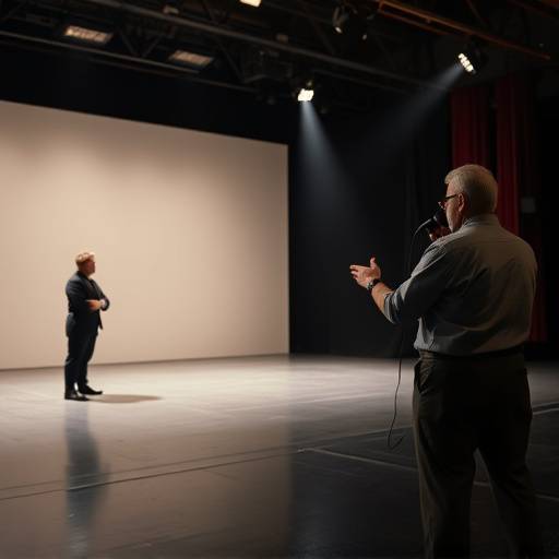 Een theaterregisseur geeft aanwijzingen aan twee acteurs op een leeg podium.