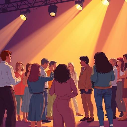 Illustratie van diverse mensen die samenwerken aan een podiumproductie.