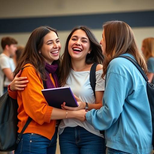 Studenten lachen en omhelzen elkaar na een succesvolle voorstelling.