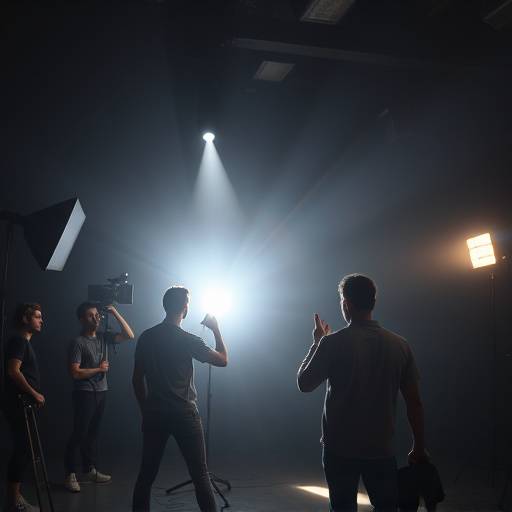 Studenten oefenen met theaterbelichtingstechnieken in een donkere studio.